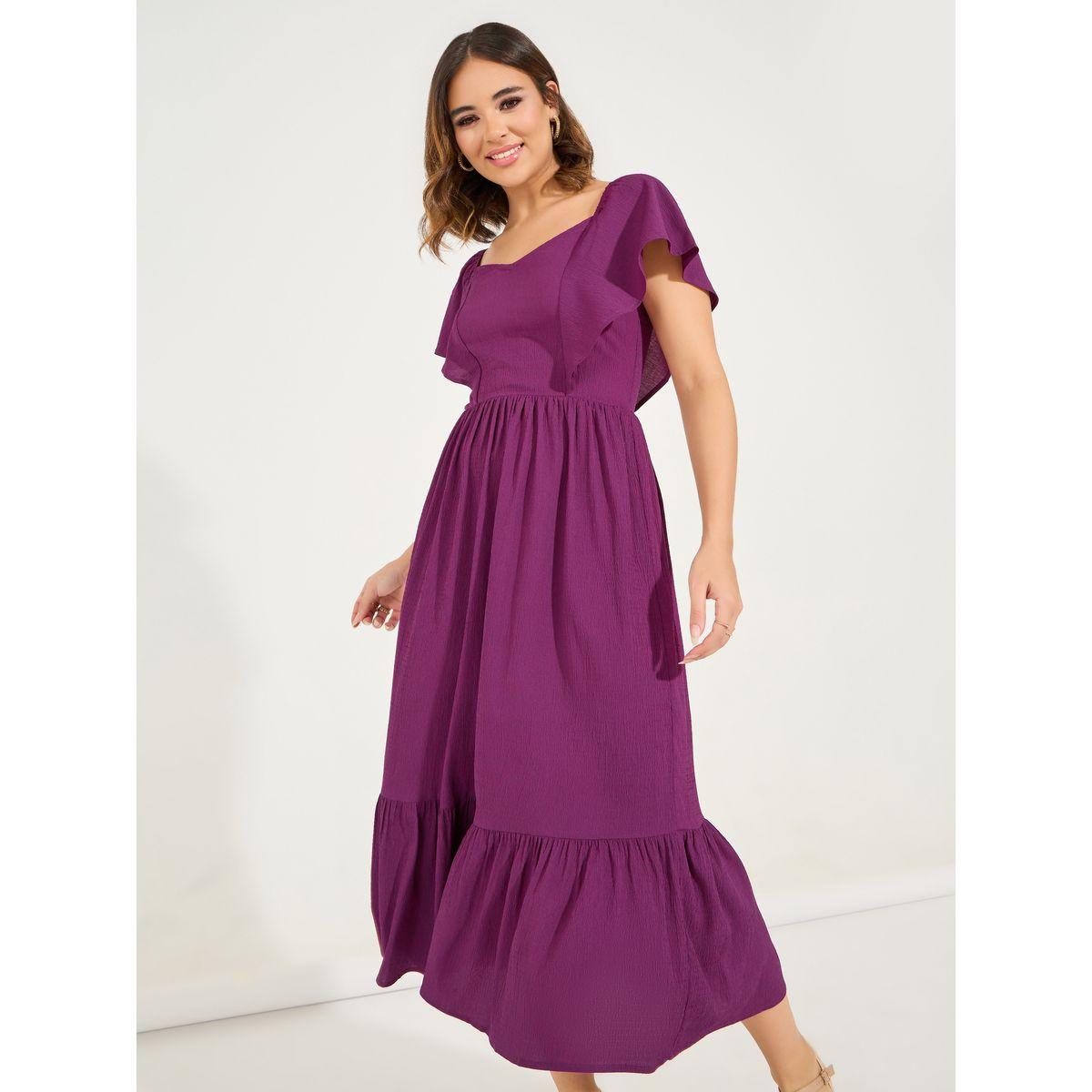 فستان ميدي بحافة واسعة وكتاف مزينة بكشكش-women-clothing-dresses-image-5
