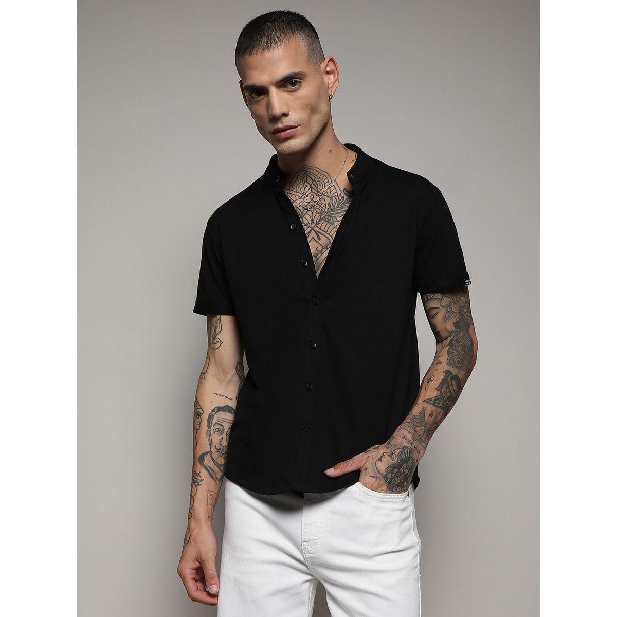Campus Sutra X Styli  Solid Mandarin Collar Shirt with Short Sleeve-men-clothing-shirts-image-1