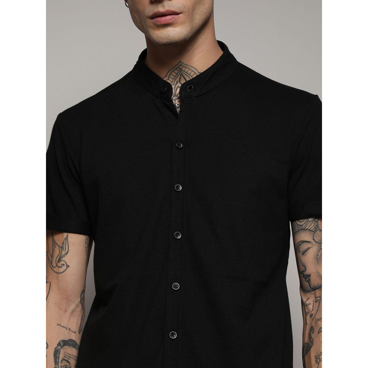 Campus Sutra X Styli  Solid Mandarin Collar Shirt with Short Sleeve-men-clothing-shirts-image-2