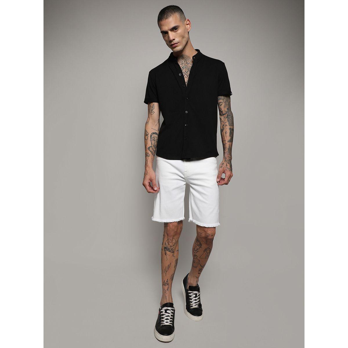 Campus Sutra X Styli  Solid Mandarin Collar Shirt with Short Sleeve-men-clothing-shirts-image-4