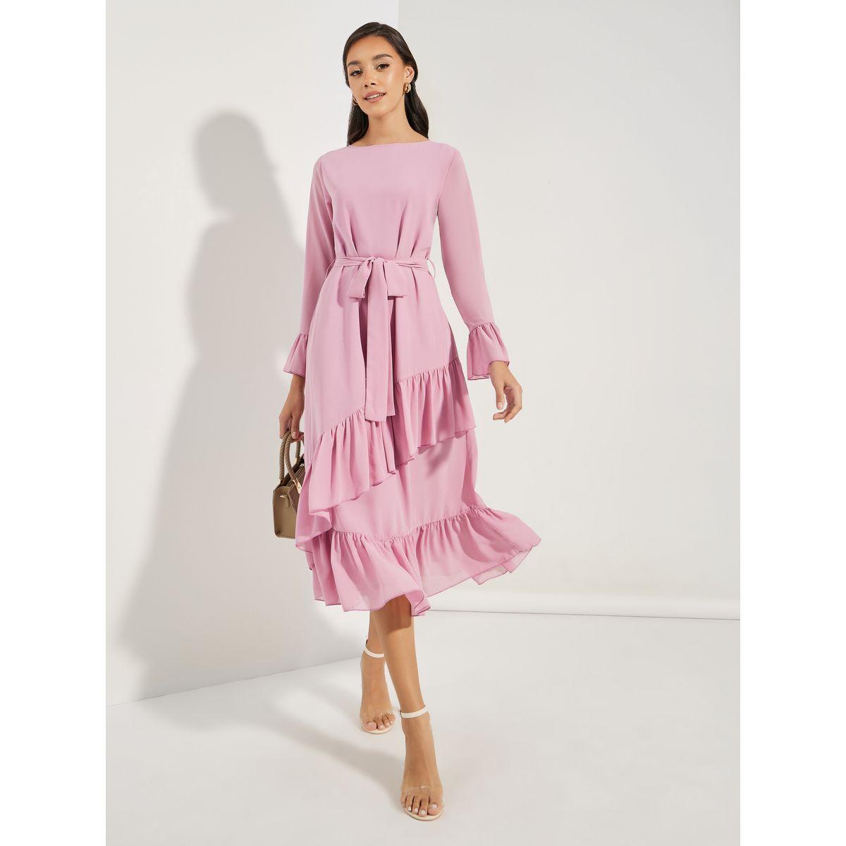 فستان ميدي بتفاصيل كشكش غير متماثلة الطول-women-clothing-dresses-image-1