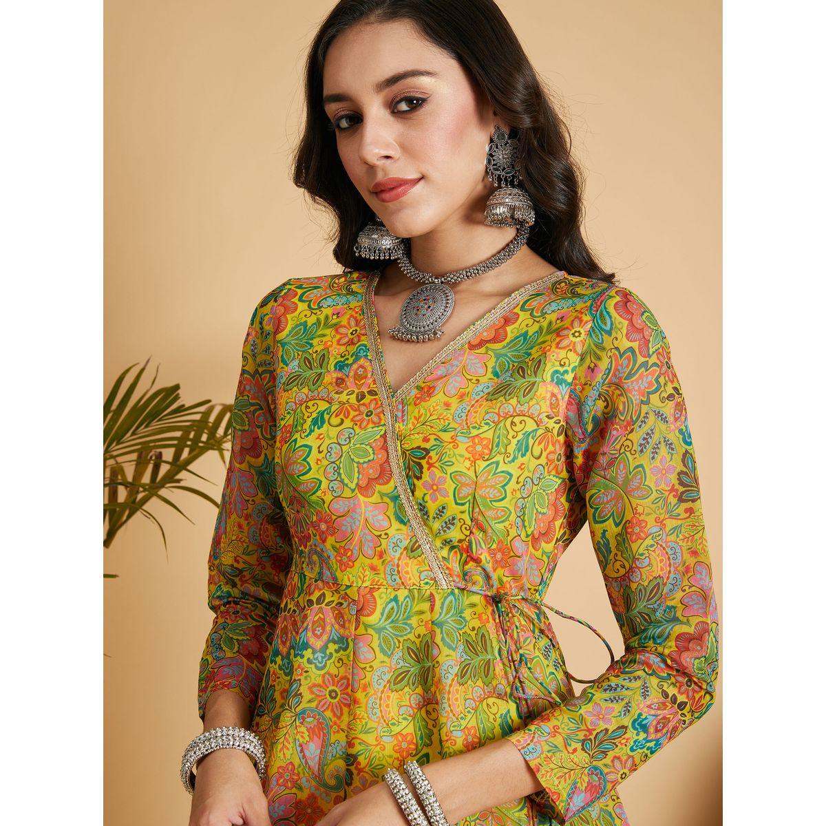 فستان طويل بنمط لف وطبعة زهور مع دانتيل ساسافراس × ستايلي-women-clothing-ethnicwear-dresses-image-4