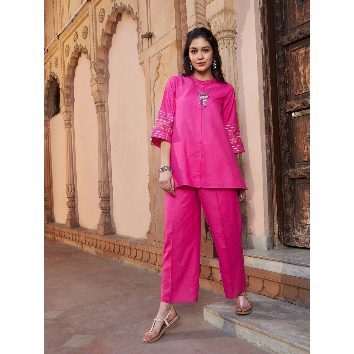 Sassafras X Styli   Embroidered Button Through Kurti and Palazzos Set-women-clothing-ethnicwear-bottoms-pants-image-1