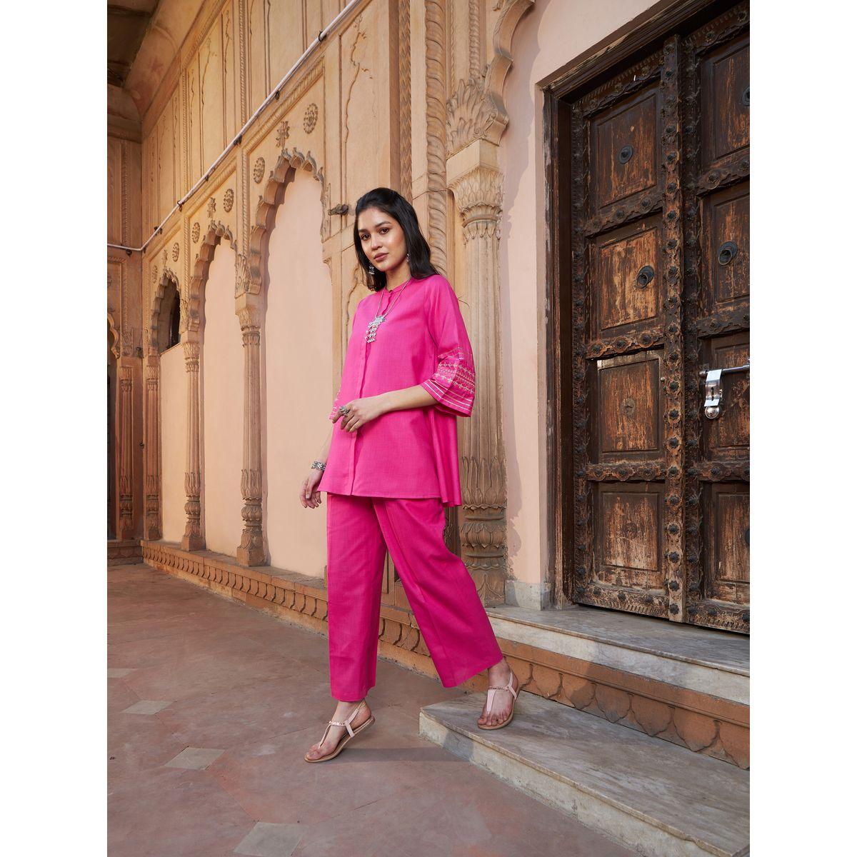 Sassafras X Styli   Embroidered Button Through Kurti and Palazzos Set-women-clothing-ethnicwear-bottoms-pants-image-2