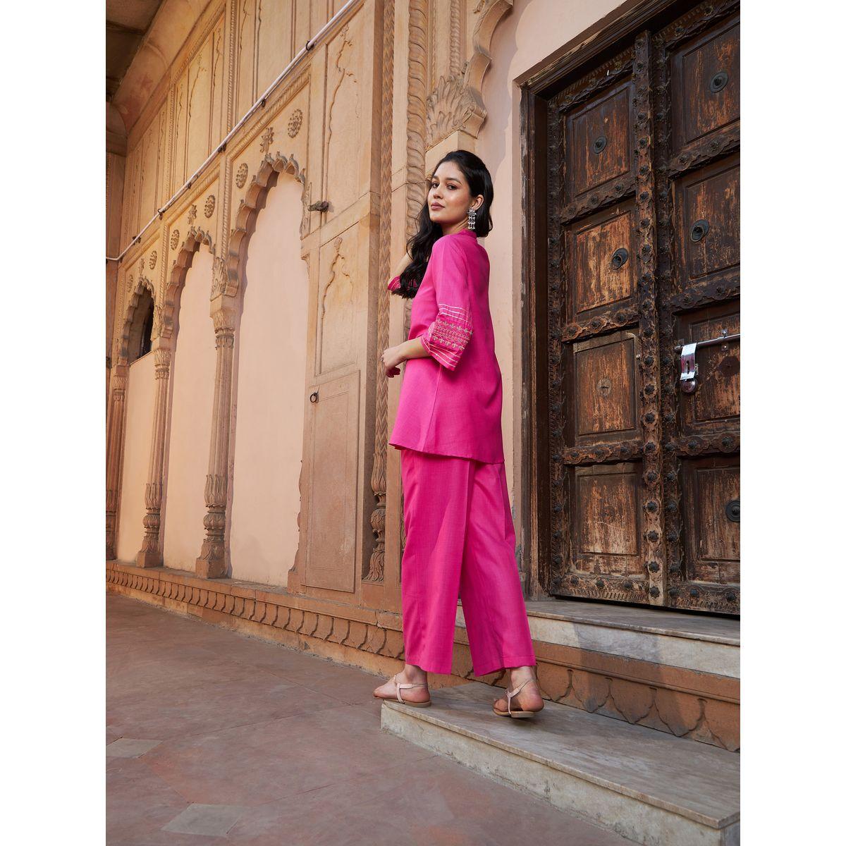 Sassafras X Styli   Embroidered Button Through Kurti and Palazzos Set-women-clothing-ethnicwear-bottoms-pants-image-4