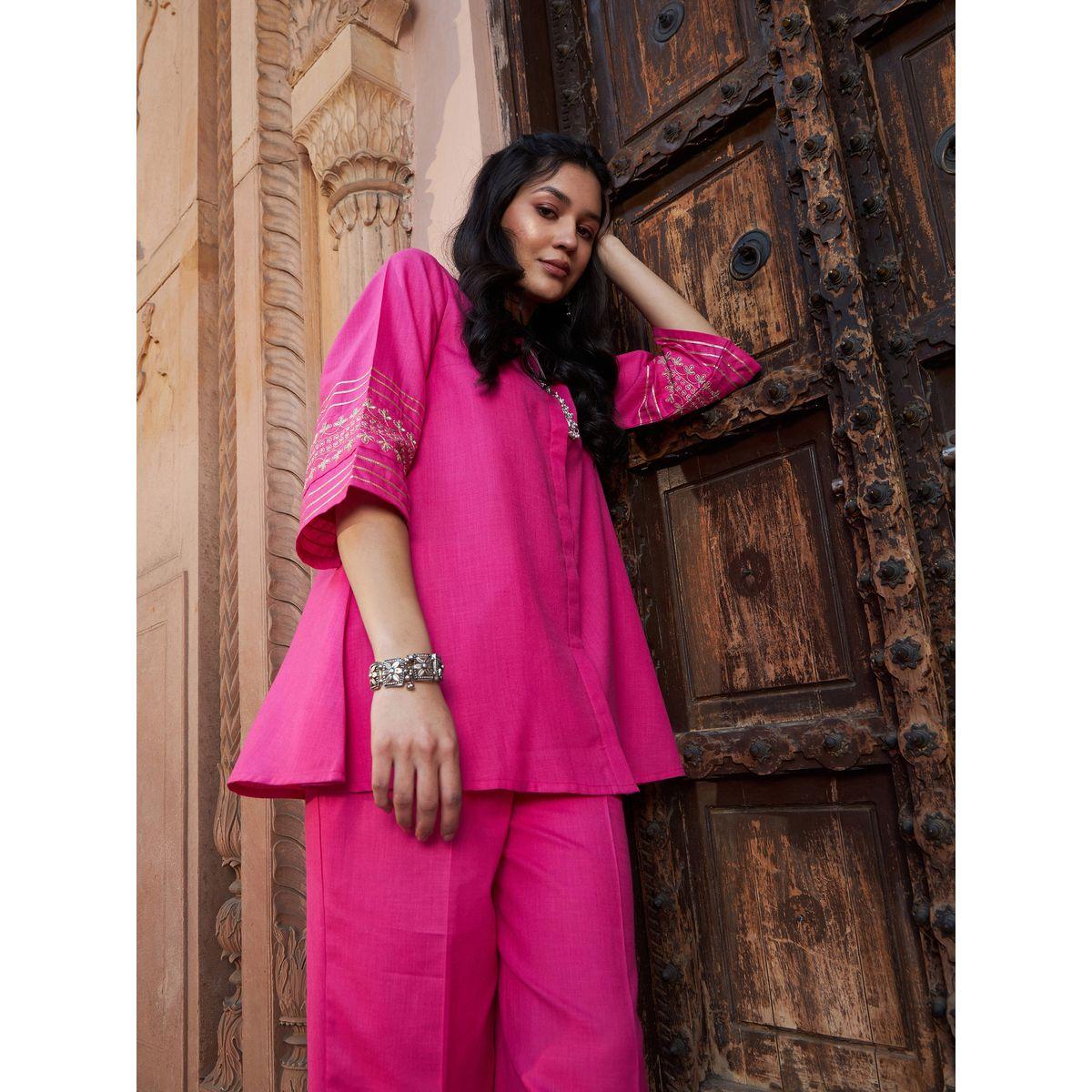 Sassafras X Styli   Embroidered Button Through Kurti and Palazzos Set-women-clothing-ethnicwear-bottoms-pants-image-6