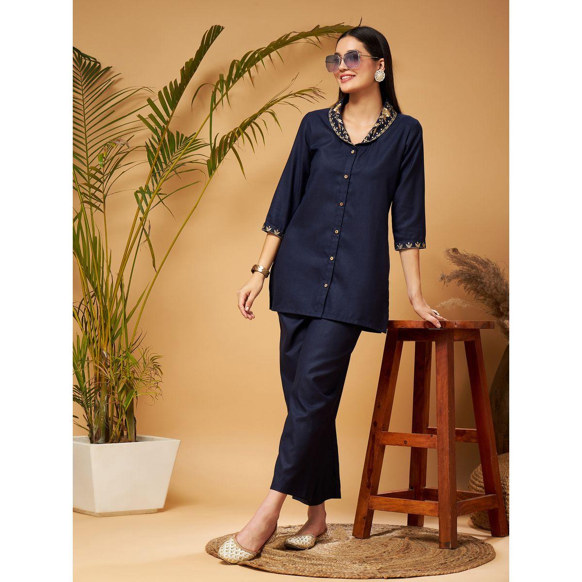Sassafras X Styli   Zari Embroidered Shawl Collar Top & Palazzos Co-Ords-women-clothing-coordsets-image-1