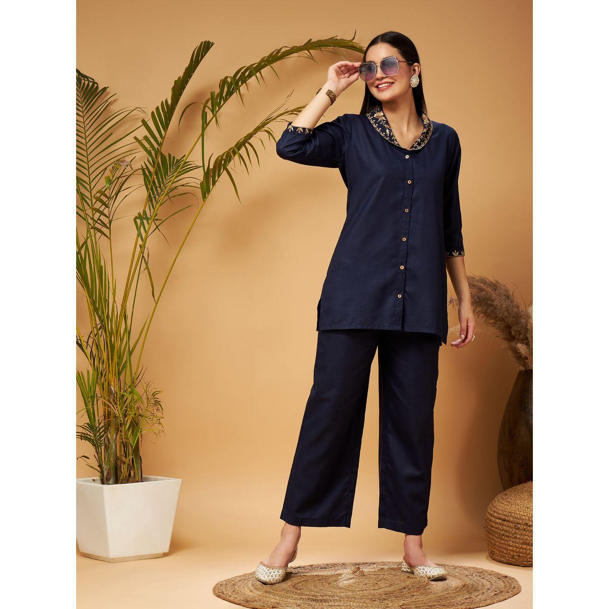 Sassafras X Styli   Zari Embroidered Shawl Collar Top & Palazzos Co-Ords-women-clothing-coordsets-image-2