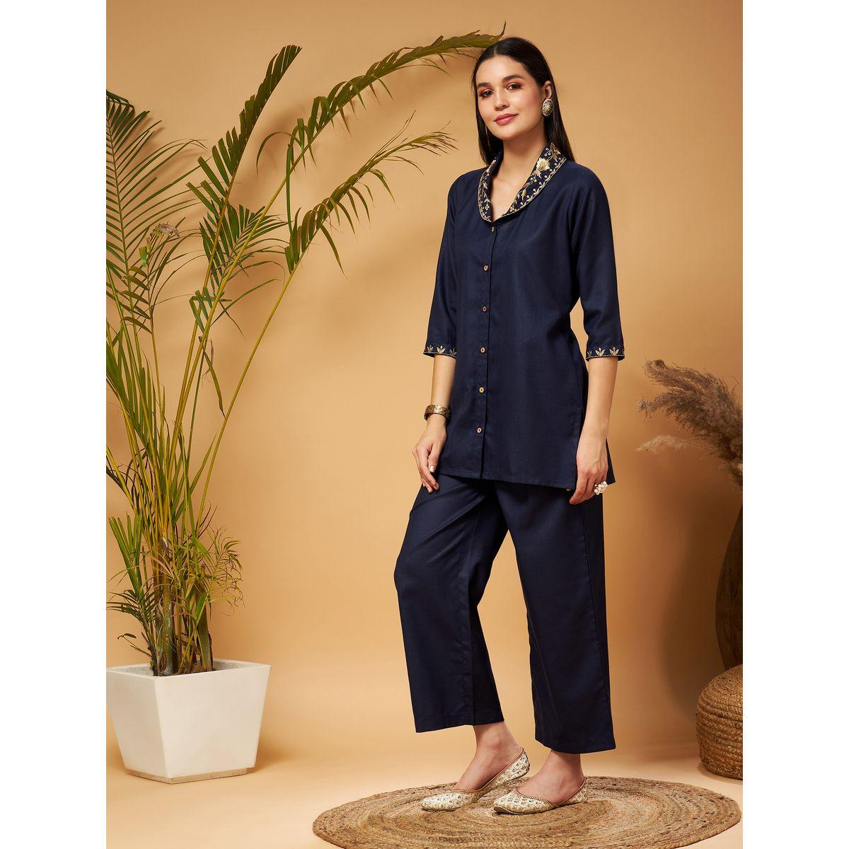 Sassafras X Styli   Zari Embroidered Shawl Collar Top & Palazzos Co-Ords-women-clothing-coordsets-image-3