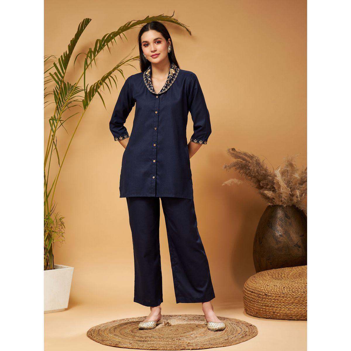 Sassafras X Styli   Zari Embroidered Shawl Collar Top & Palazzos Co-Ords-women-clothing-coordsets-image-8