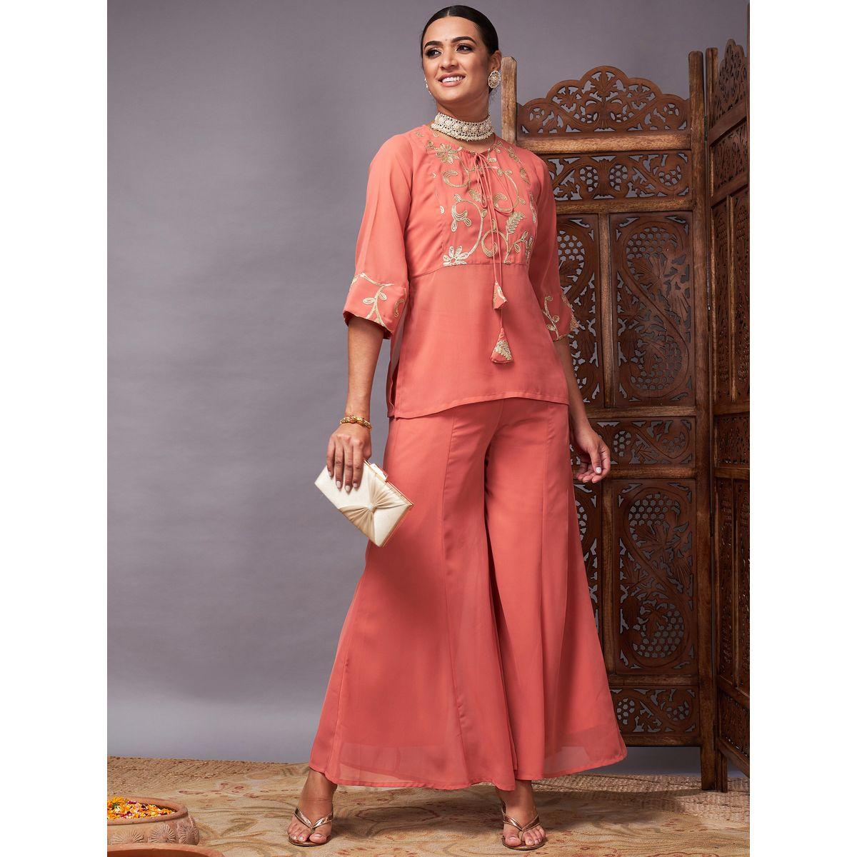 Sassafras X Styli   Embroidered Tie Up Neck Top and Palazzos Set-women-clothing-ethnicwear-salwarsuits-image-1