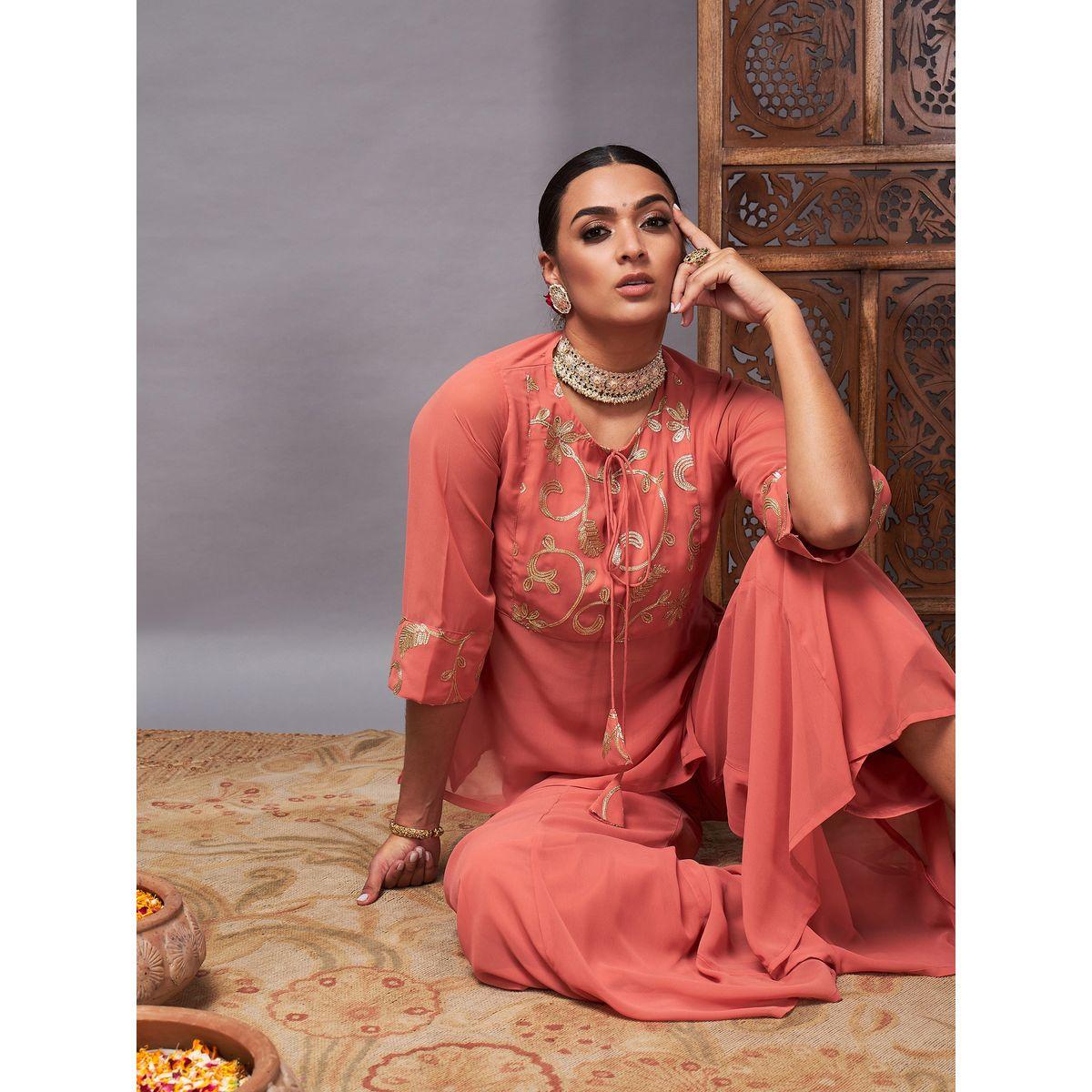 Sassafras X Styli   Embroidered Tie Up Neck Top and Palazzos Set-women-clothing-ethnicwear-salwarsuits-image-2
