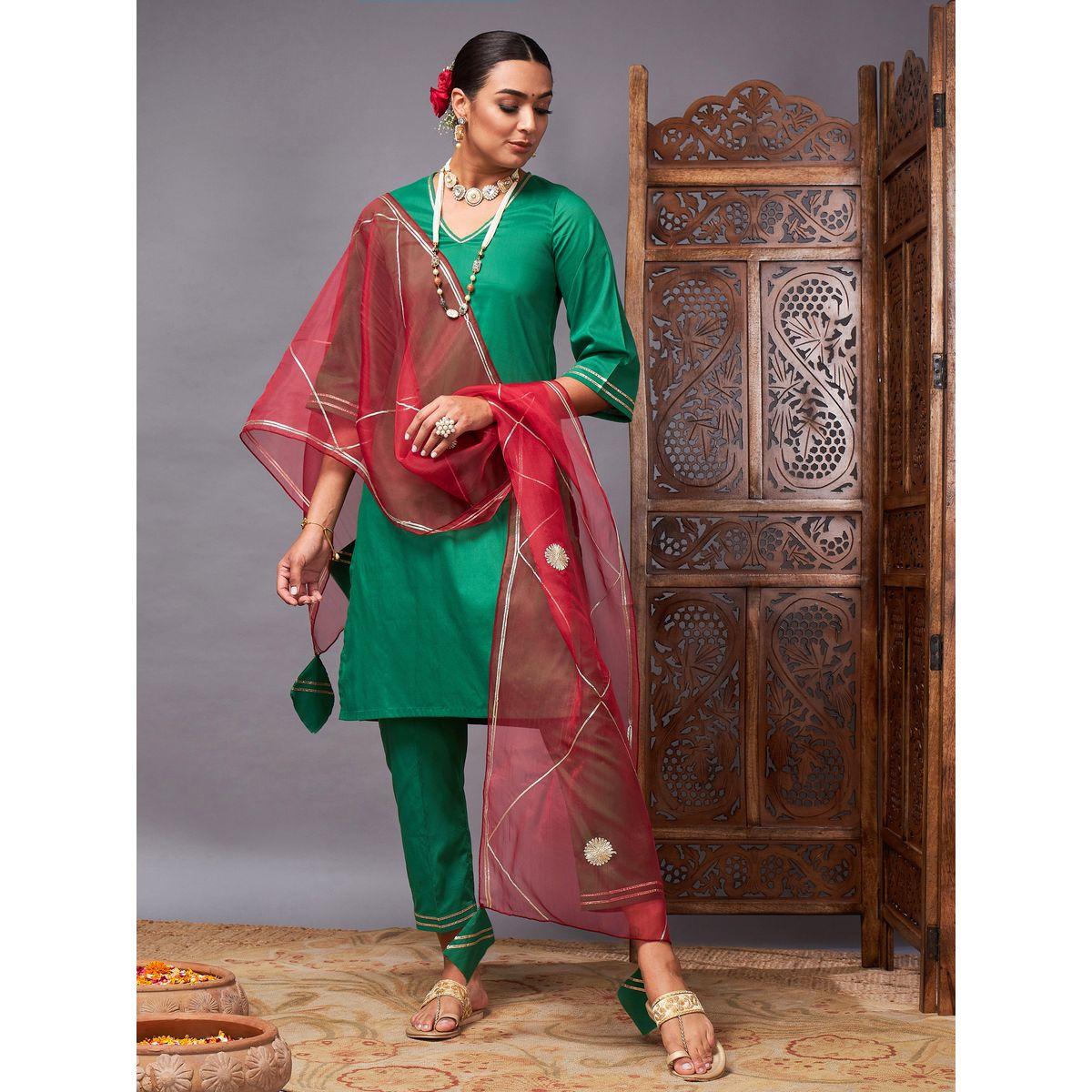 مجموعة من دوباتا اورجانزا مع بنطال وكورتا ساسافراس × ستايلي-women-clothing-ethnicwear-sareesets-image-2