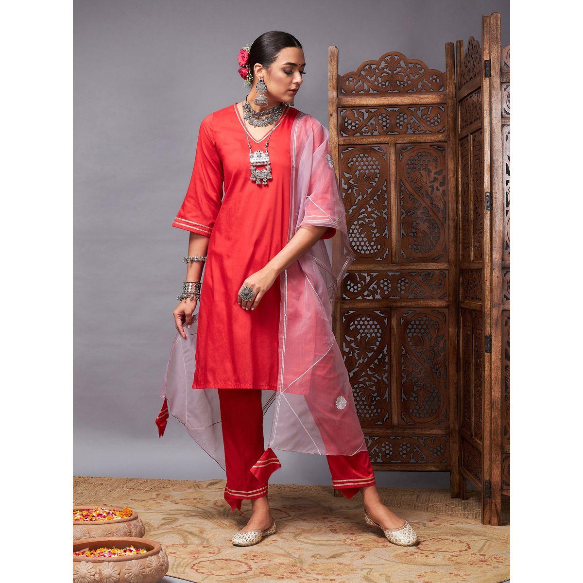 مجموعة من دوباتا اورجانزا مع بنطال وكورتا ساسافراس × ستايلي-women-clothing-ethnicwear-sareesets-image-2