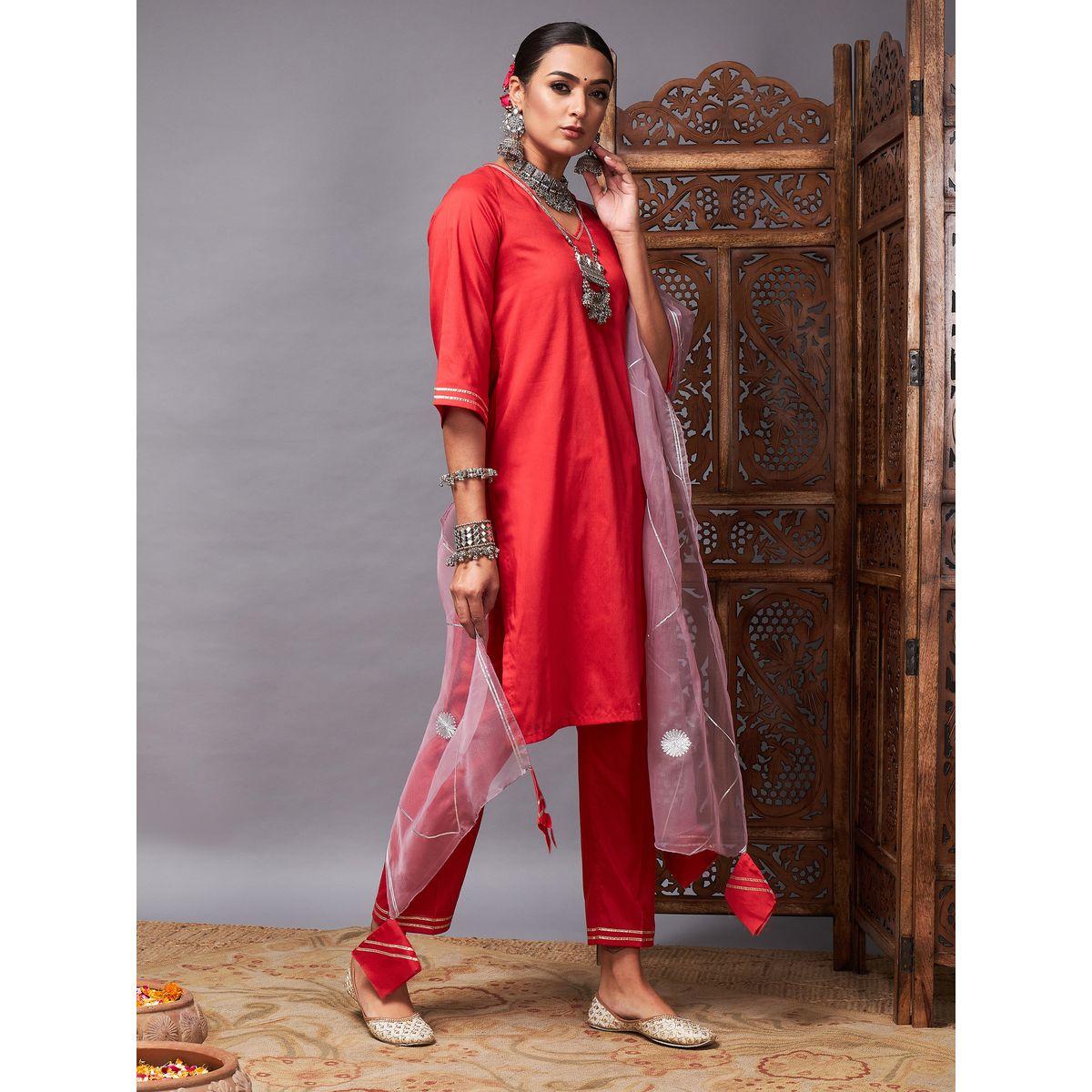مجموعة من دوباتا اورجانزا مع بنطال وكورتا ساسافراس × ستايلي-women-clothing-ethnicwear-sareesets-image-3
