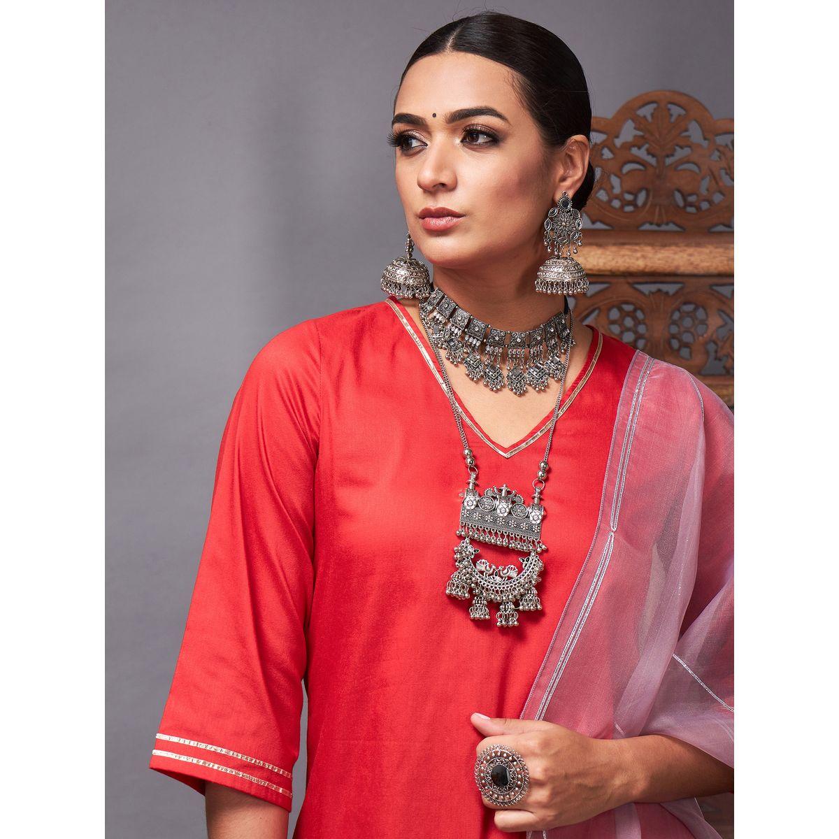 مجموعة من دوباتا اورجانزا مع بنطال وكورتا ساسافراس × ستايلي-women-clothing-ethnicwear-sareesets-image-4