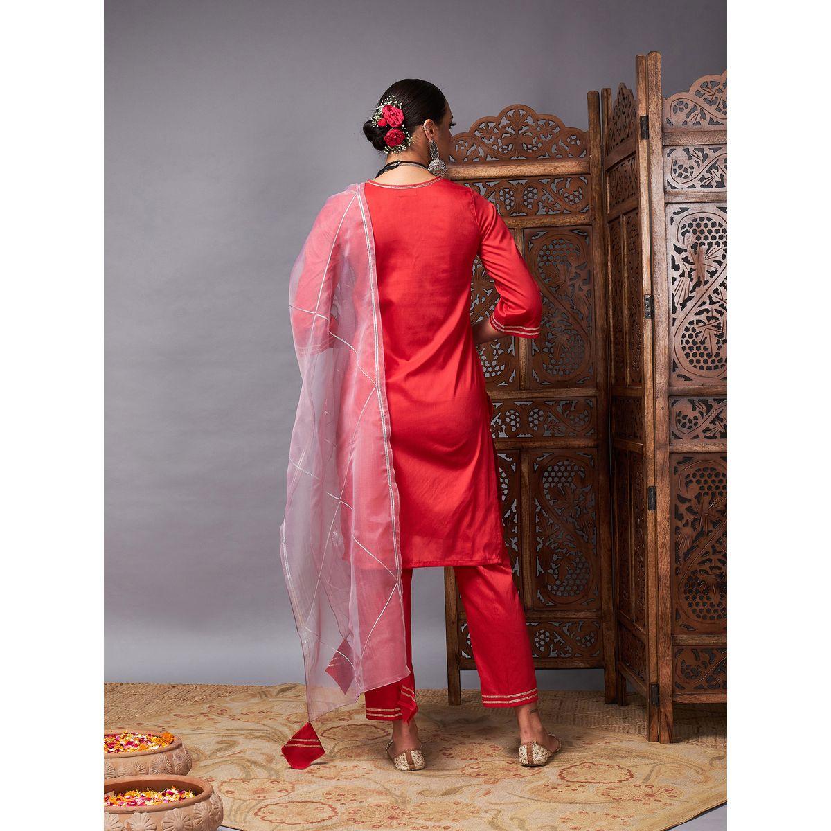 مجموعة من دوباتا اورجانزا مع بنطال وكورتا ساسافراس × ستايلي-women-clothing-ethnicwear-sareesets-image-6