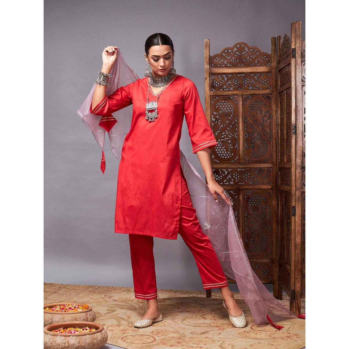 مجموعة من دوباتا اورجانزا مع بنطال وكورتا ساسافراس × ستايلي-women-clothing-ethnicwear-sareesets-image-8