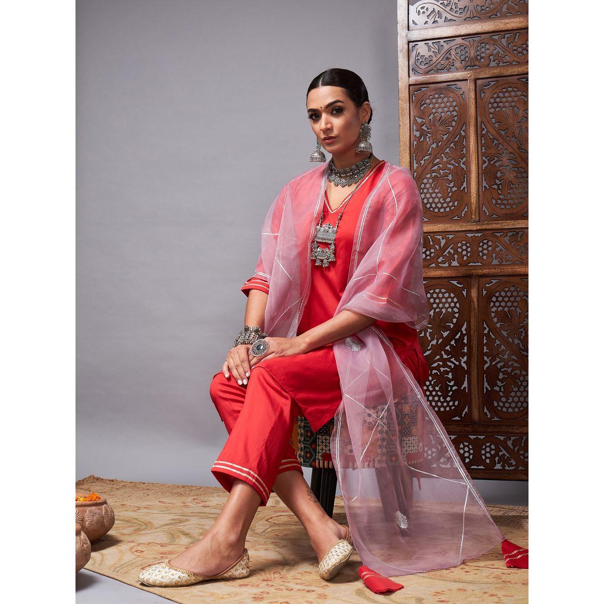 مجموعة من دوباتا اورجانزا مع بنطال وكورتا ساسافراس × ستايلي-women-clothing-ethnicwear-sareesets-image-9