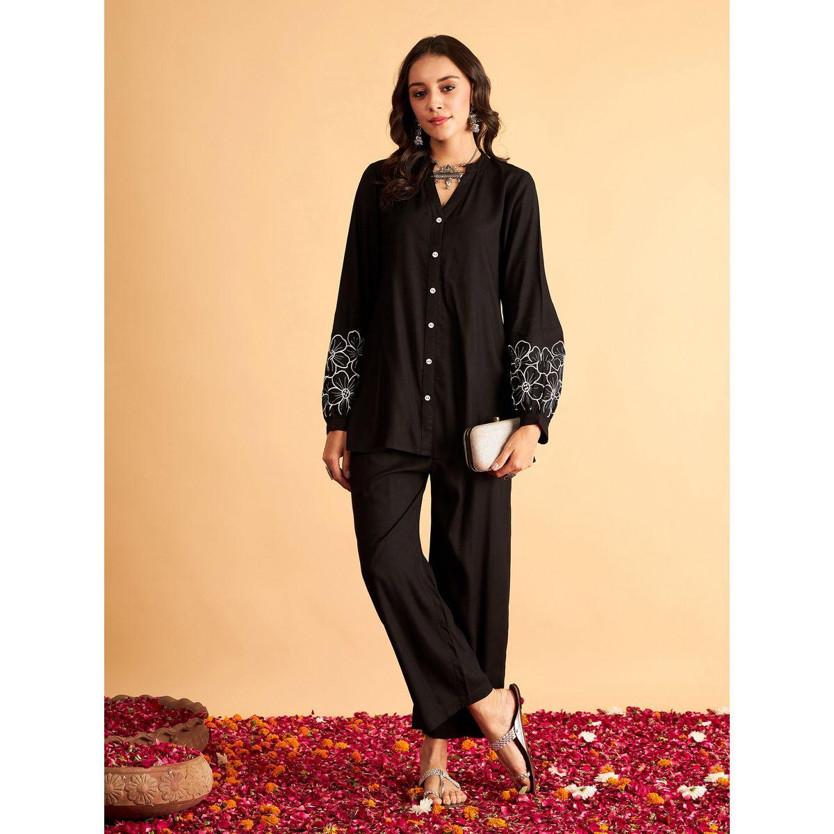 طقم منسق من بنطال مع بلوزة بزهور مُطرّزة ساسافراس × ستايلي-women-clothing-coordsets-image-1