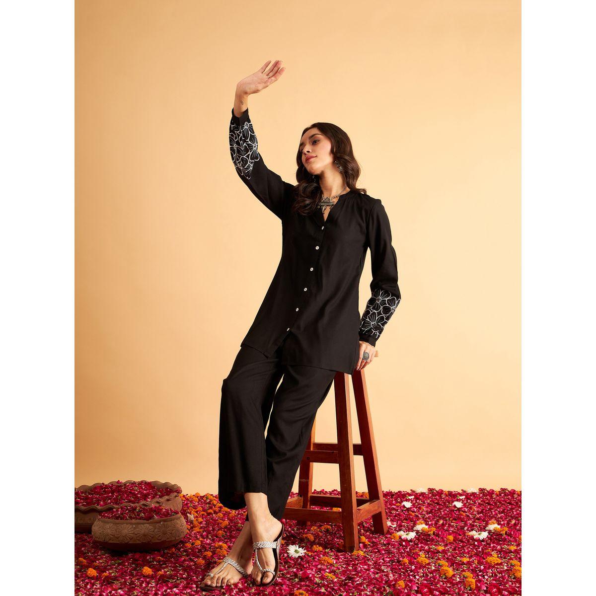 طقم منسق من بنطال مع بلوزة بزهور مُطرّزة ساسافراس × ستايلي-women-clothing-coordsets-image-2