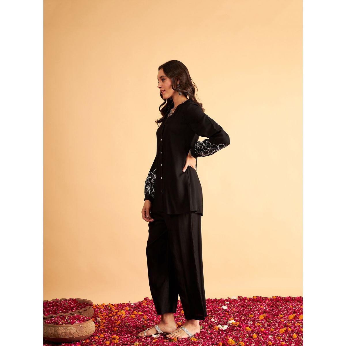 طقم منسق من بنطال مع بلوزة بزهور مُطرّزة ساسافراس × ستايلي-women-clothing-coordsets-image-3