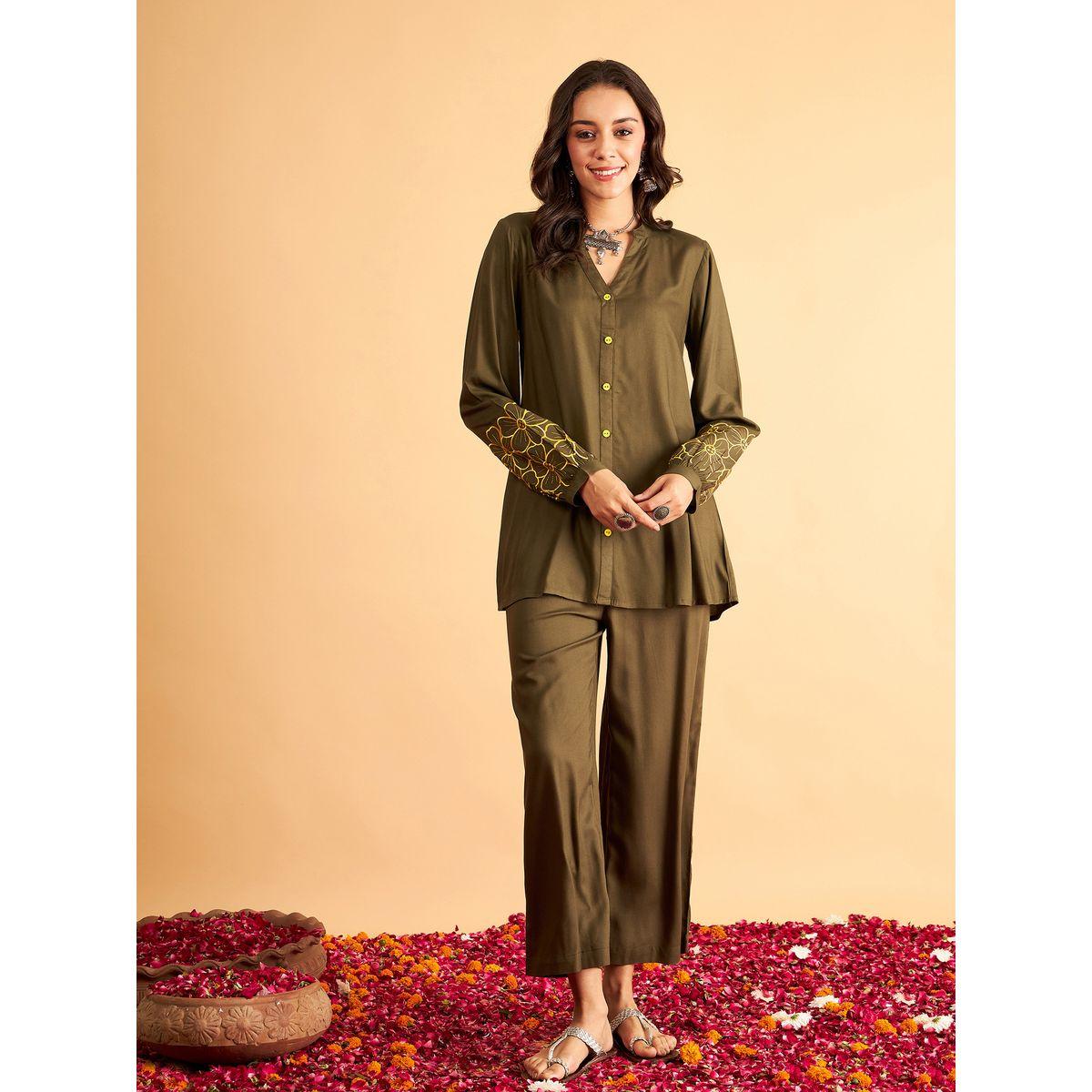 Sassafras X Styli   Floral Embroidered Sleeve Shirt & Pants Co-Ord-women-clothing-coordsets-image-1
