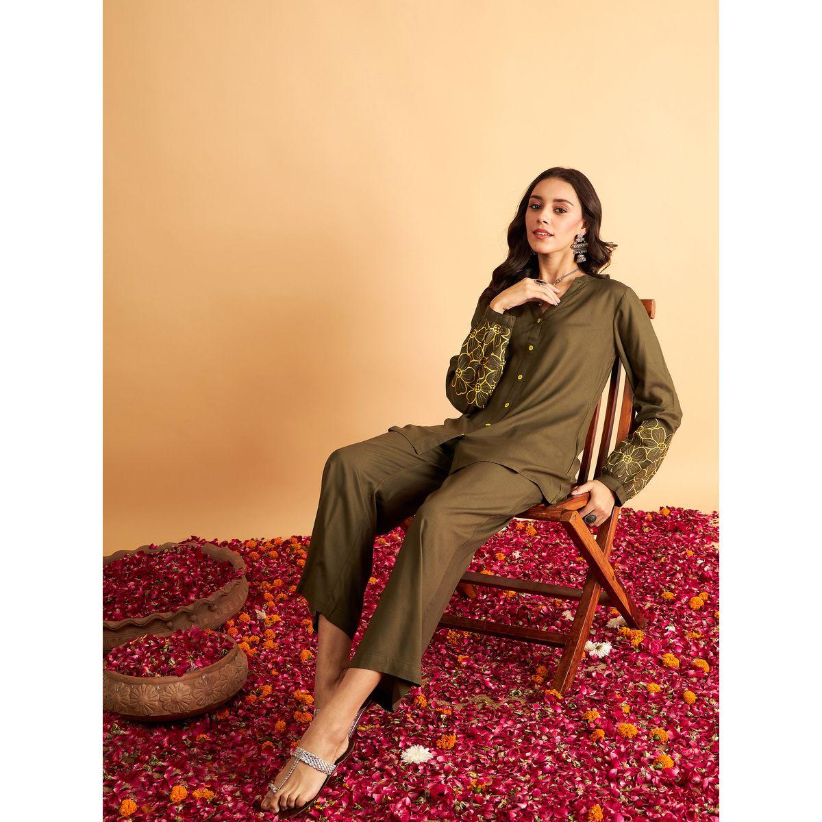 Sassafras X Styli   Floral Embroidered Sleeve Shirt & Pants Co-Ord-women-clothing-coordsets-image-2