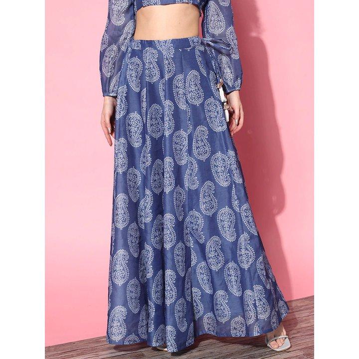 تنورة طويلة واسعة بطبعات بيزلي ساسافراس × ستايلي-women-clothing-ethnicwear-bottoms-skirts-image-1