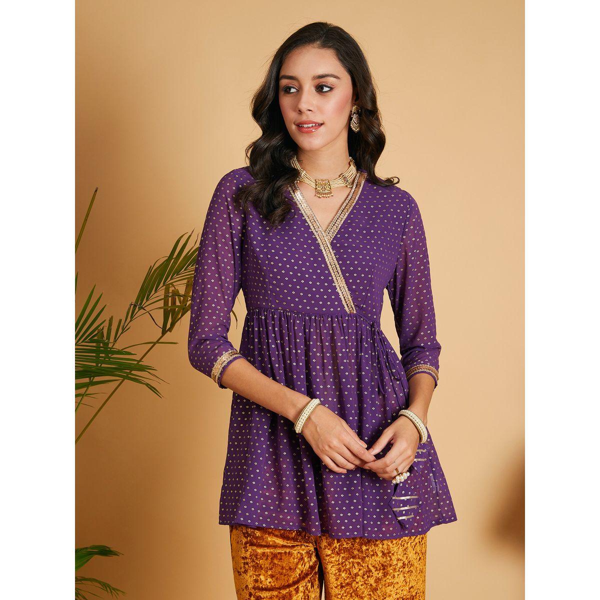 Sassafras X Styli   Spot Foil Print Lace Trim Wrap Peplum Top-women-clothing-ethnicwear-kurtas-image-1