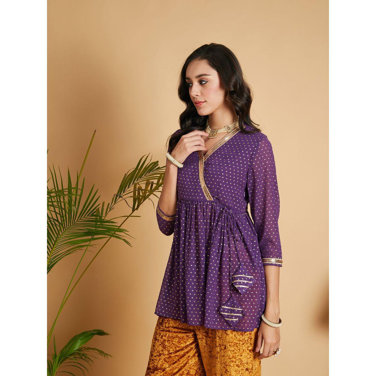 بلوزة بيبلوم بنمط لف وطبعة فويل ساسافراس × ستايلي-women-clothing-ethnicwear-kurtas-image-3