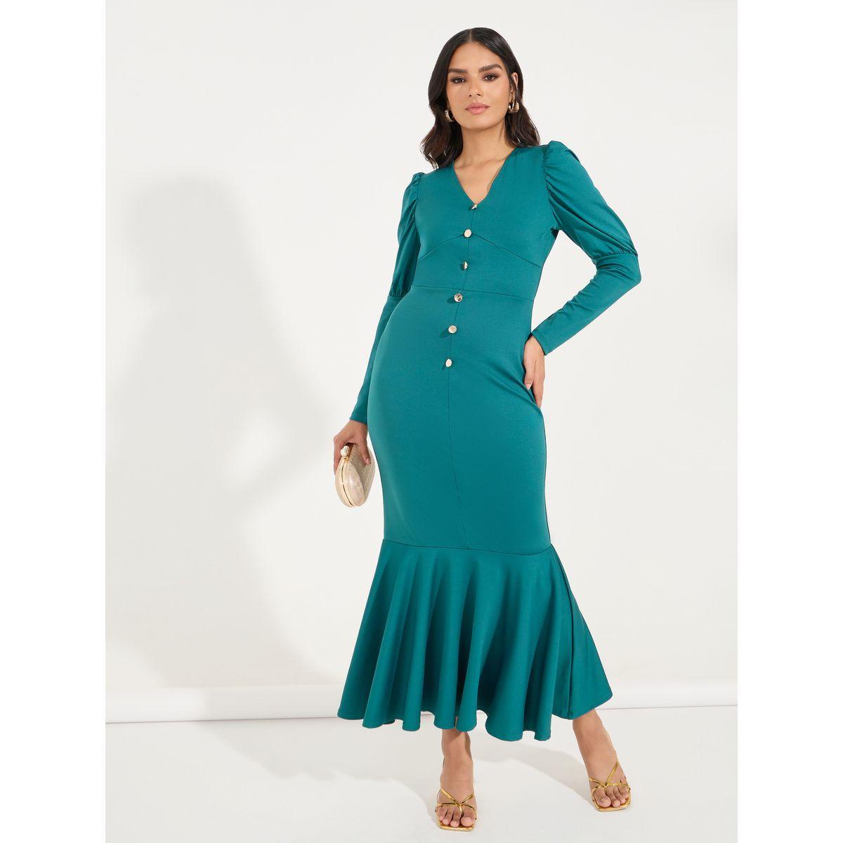 Styli Elevate Button Detail Fit & Flare Maxi Dress with Mermaid Hem-women-clothing-dresses-image-1