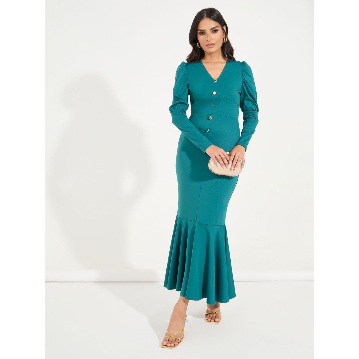 Styli Elevate Button Detail Fit & Flare Maxi Dress with Mermaid Hem-women-clothing-dresses-image-4