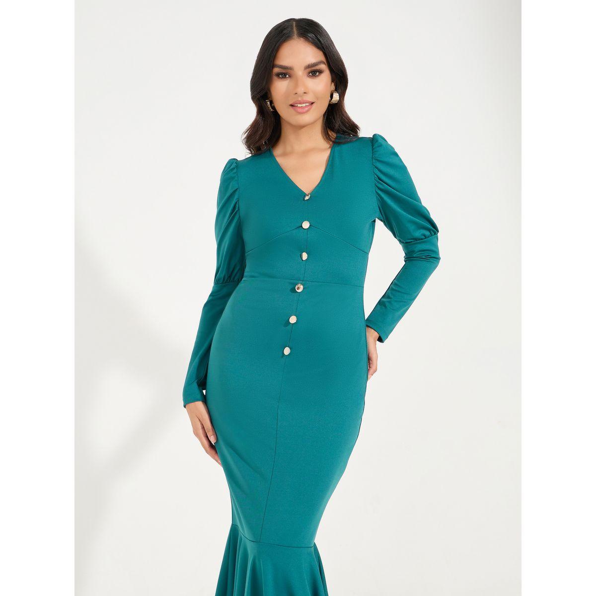 Styli Elevate Button Detail Fit & Flare Maxi Dress with Mermaid Hem-women-clothing-dresses-image-5