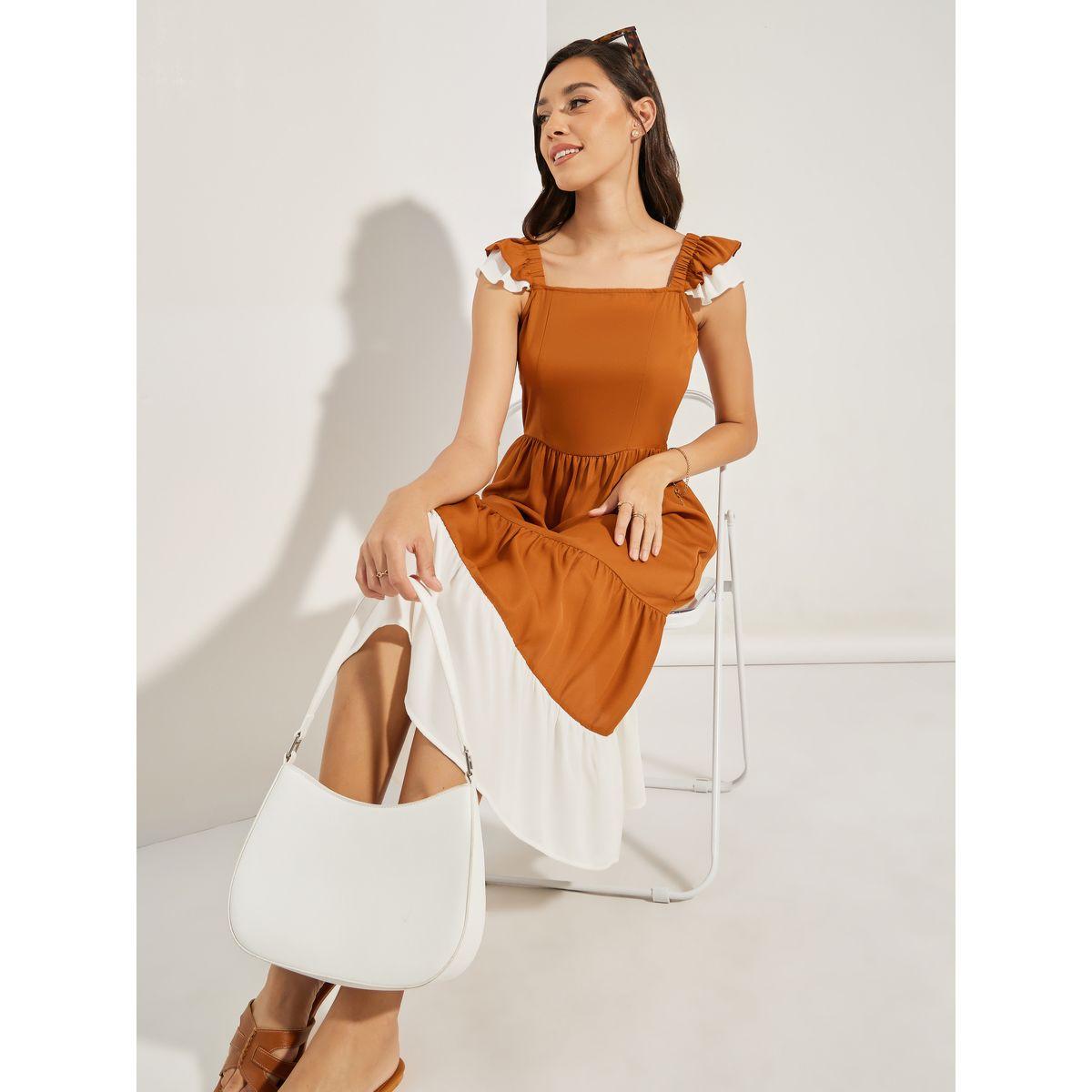 Styli Contrast Hem Ruffled Sleeves Midi Dress-women-clothing-dresses-image-1