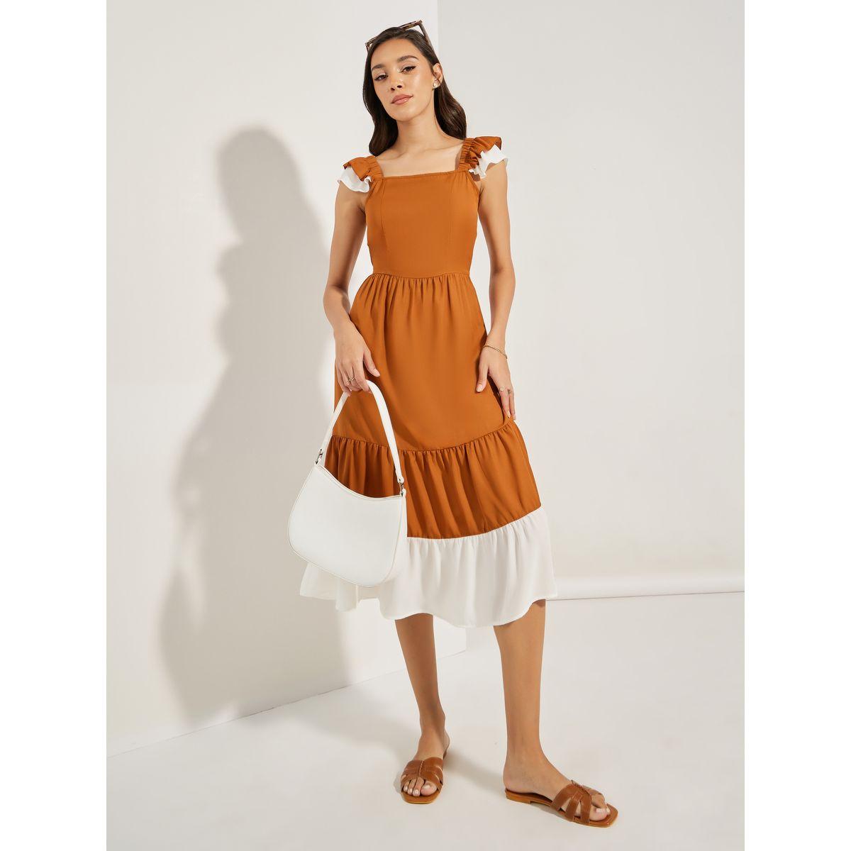 فستان ميدي بتفاصيل مُتباينة مع اكمام كشكش-women-clothing-dresses-image-2
