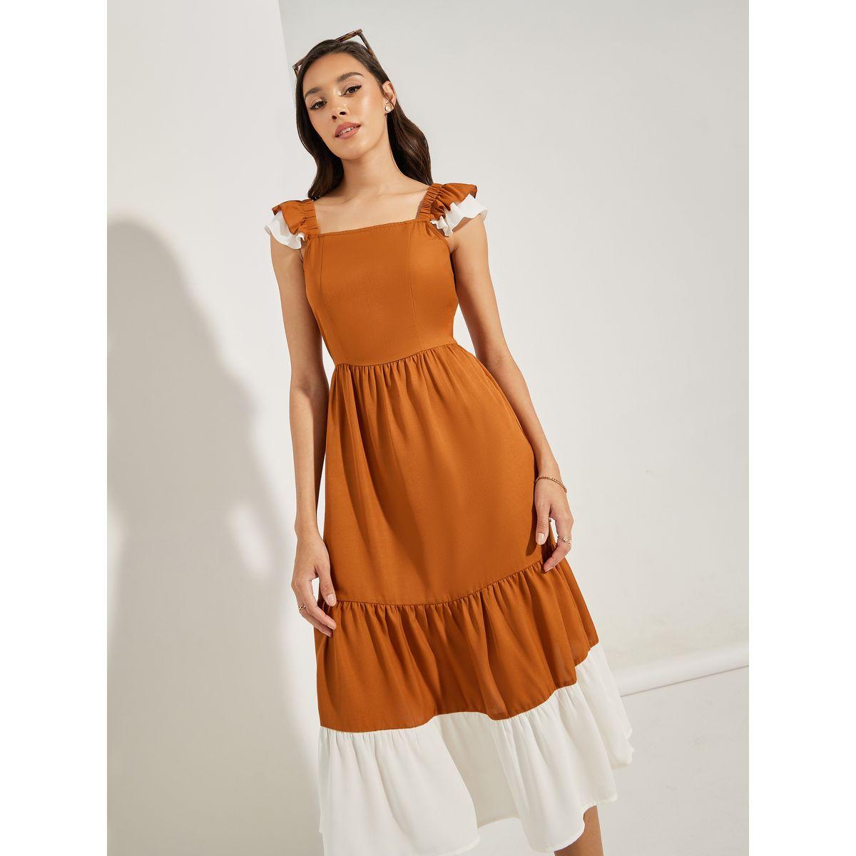 Styli Contrast Hem Ruffled Sleeves Midi Dress-women-clothing-dresses-image-3