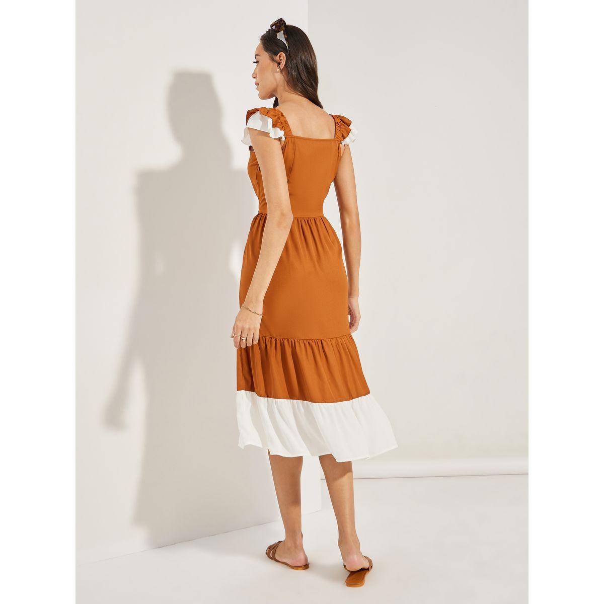 Styli Contrast Hem Ruffled Sleeves Midi Dress-women-clothing-dresses-image-5