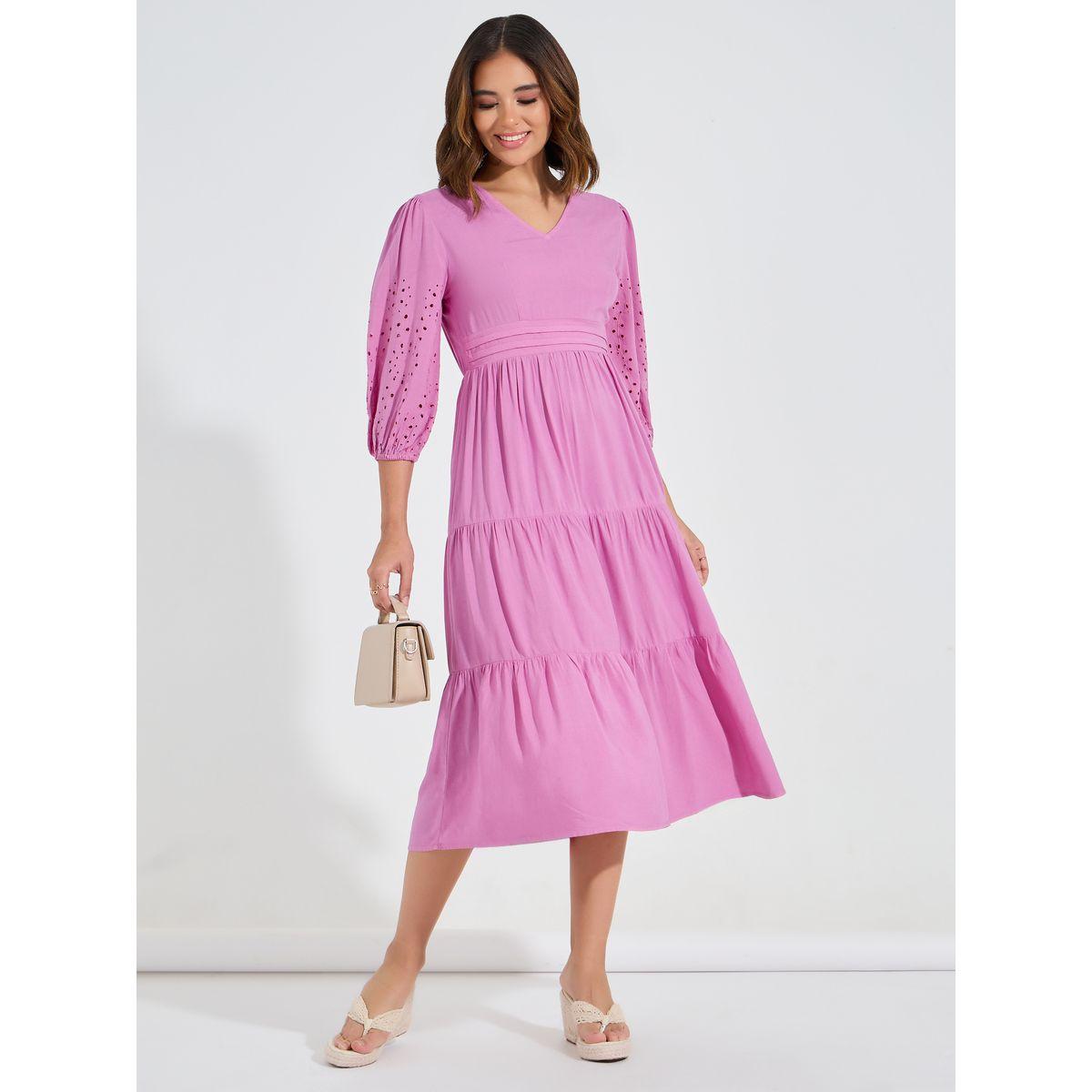 Styli Schiffli Detail Tiered Midi Dress with 3/4 Sleeves-women-clothing-dresses-image-1