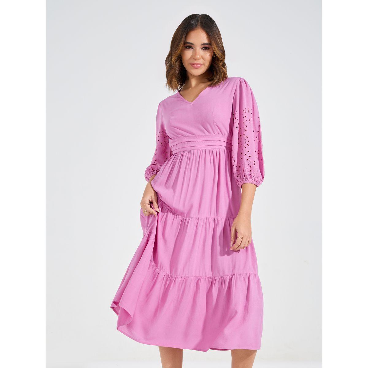 فستان ميدي مزين بفتحات مع كسرات-women-clothing-dresses-image-2