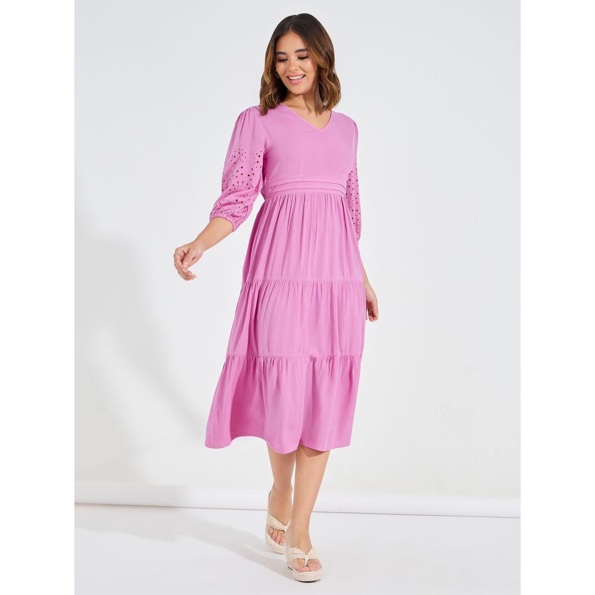 Styli Schiffli Detail Tiered Midi Dress with 3/4 Sleeves-women-clothing-dresses-image-4
