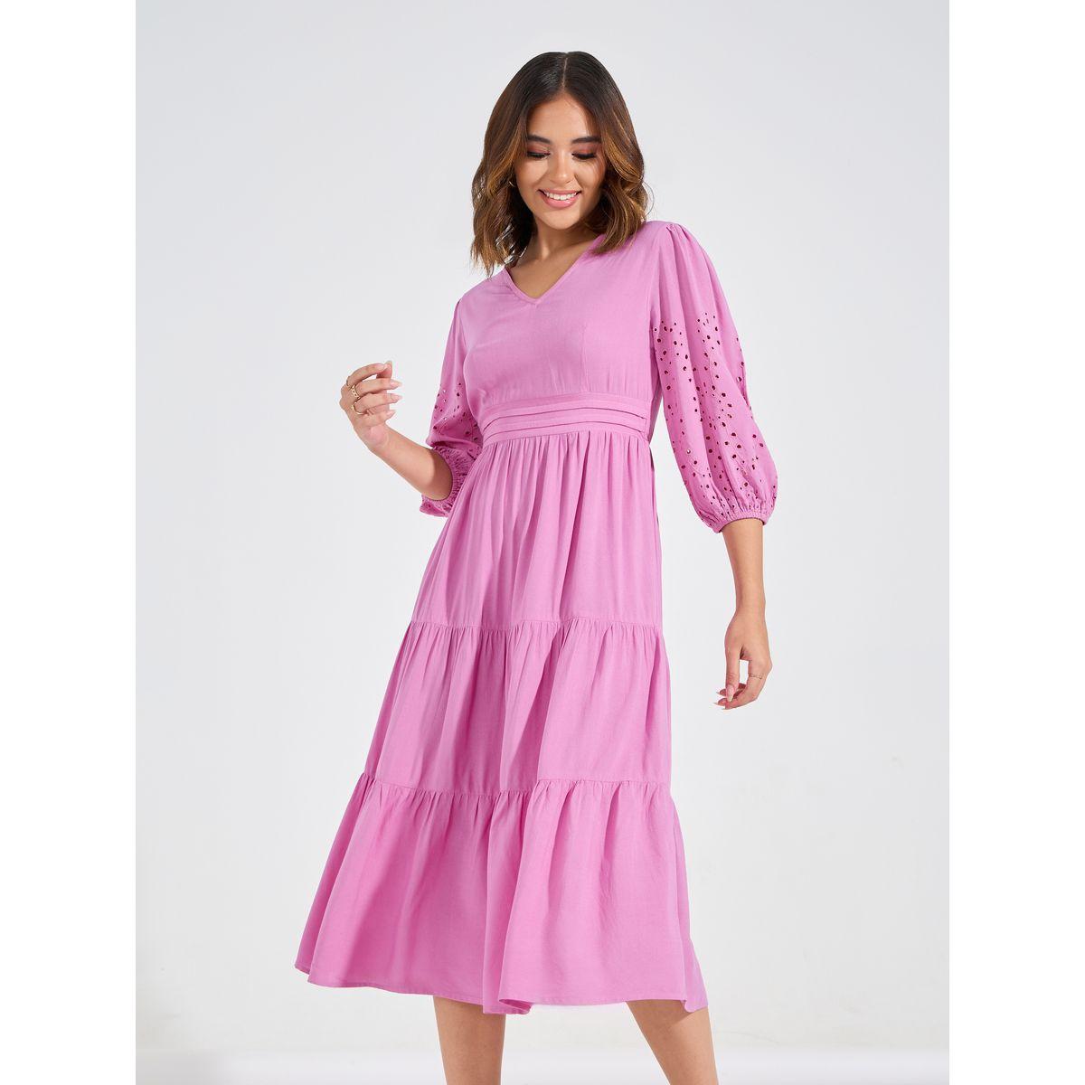 Styli Schiffli Detail Tiered Midi Dress with 3/4 Sleeves-women-clothing-dresses-image-5