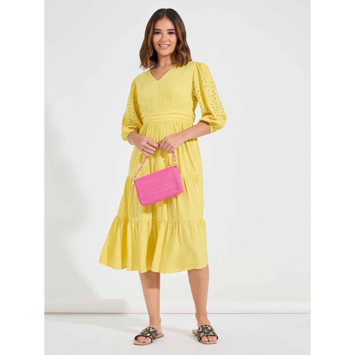 فستان ميدي مزين بفتحات مع كسرات-women-clothing-dresses-image-1