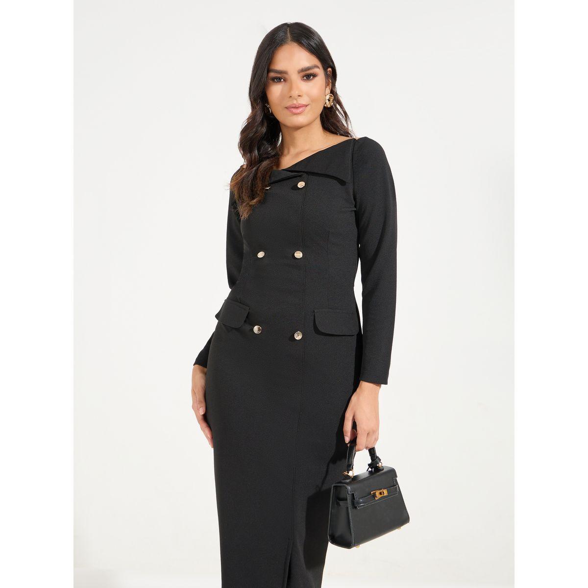Styli Elevate Off Shoulder Button Detail Sheath Midi Dress-women-clothing-dresses-image-2