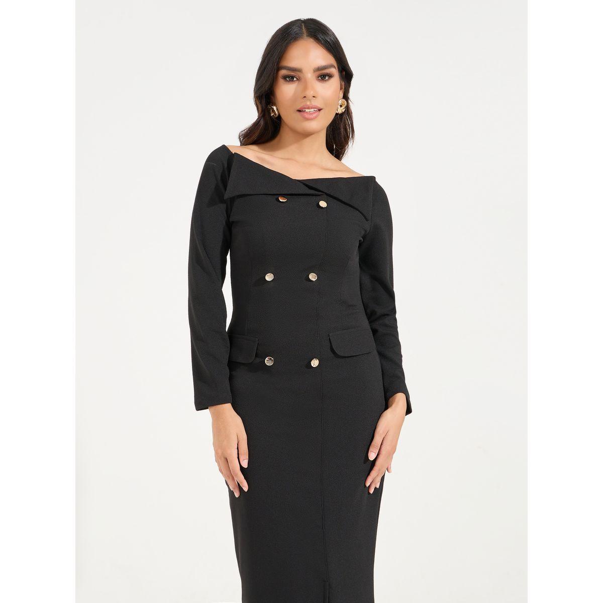 Styli Elevate Off Shoulder Button Detail Sheath Midi Dress-women-clothing-dresses-image-5