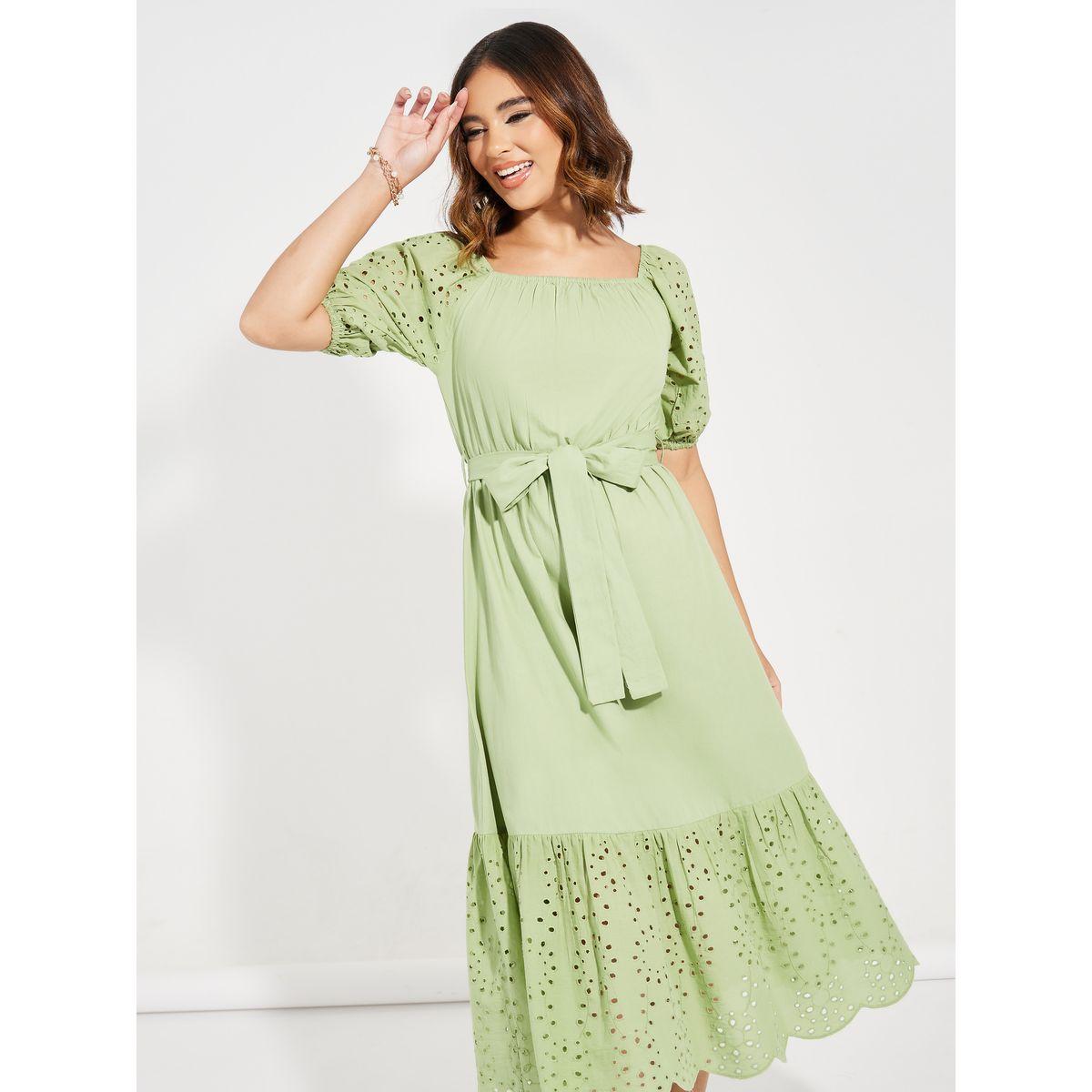 Styli Schiffli Design Midi Dress with Tie Belt-women-clothing-dresses-image-2