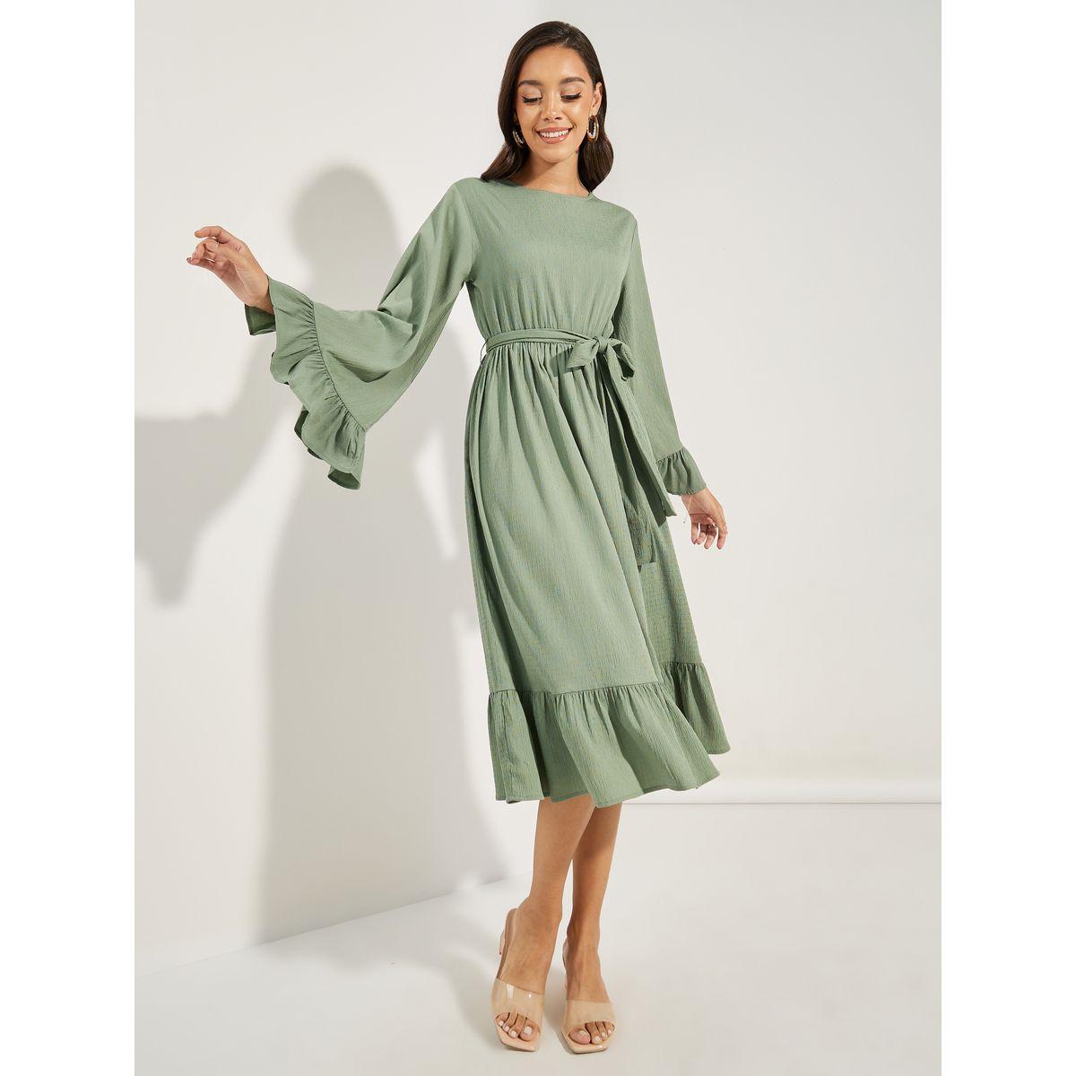 فستان ميدي باكمام واسعة مع حزام خصر-women-clothing-dresses-image-2