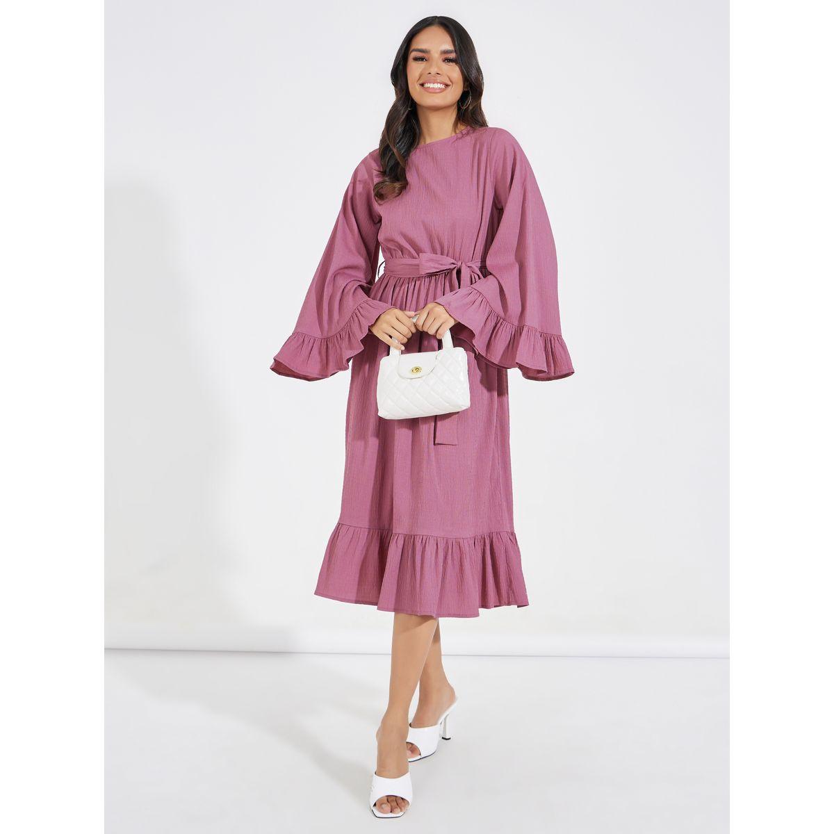 فستان ميدي بأكمام فلوت مع رباط خصر-women-clothing-dresses-image-1