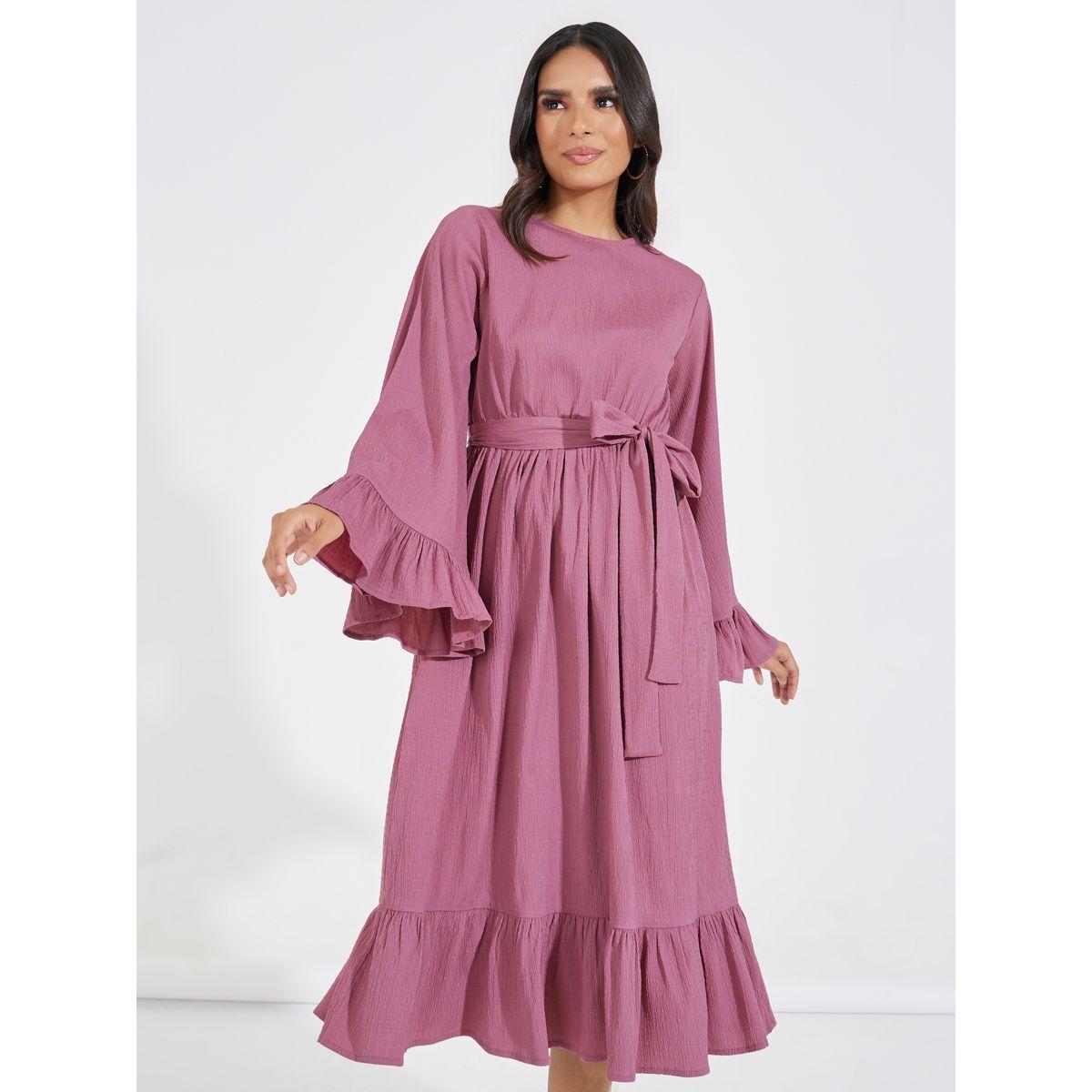 فستان ميدي بأكمام فلوت مع رباط خصر-women-clothing-dresses-image-2