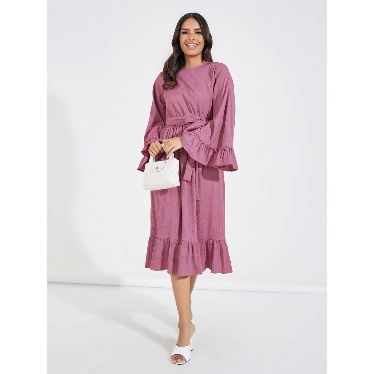 فستان ميدي بأكمام فلوت مع رباط خصر-women-clothing-dresses-image-4